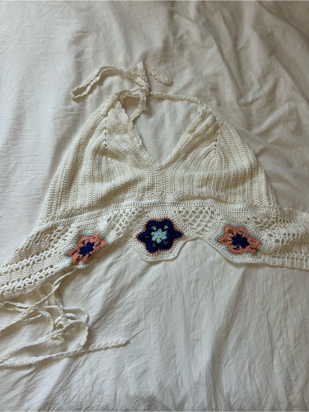 Boho Crochet Halter Camisole in Cream with Multicolor Floral Motifs